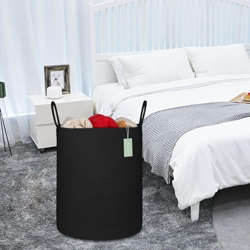 BOSROTY Large Cotton Rope Laundry Hamper 65L Black 1