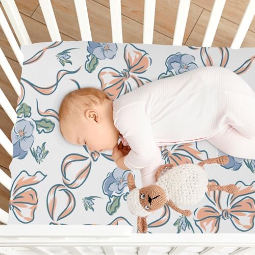 KICPOAY Fitted Crib Sheets with Pansies Flower Ribbons for Baby Toddler
