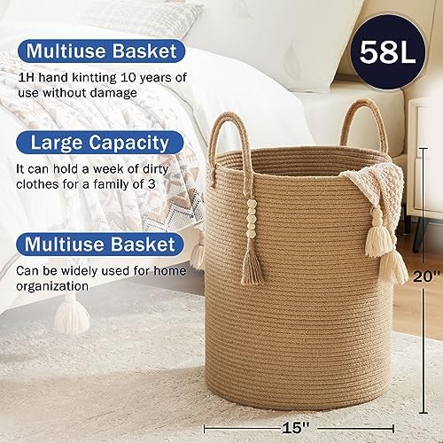 Jute Woven Rope Laundry Hamper 58L for Blanket Storage and Toys